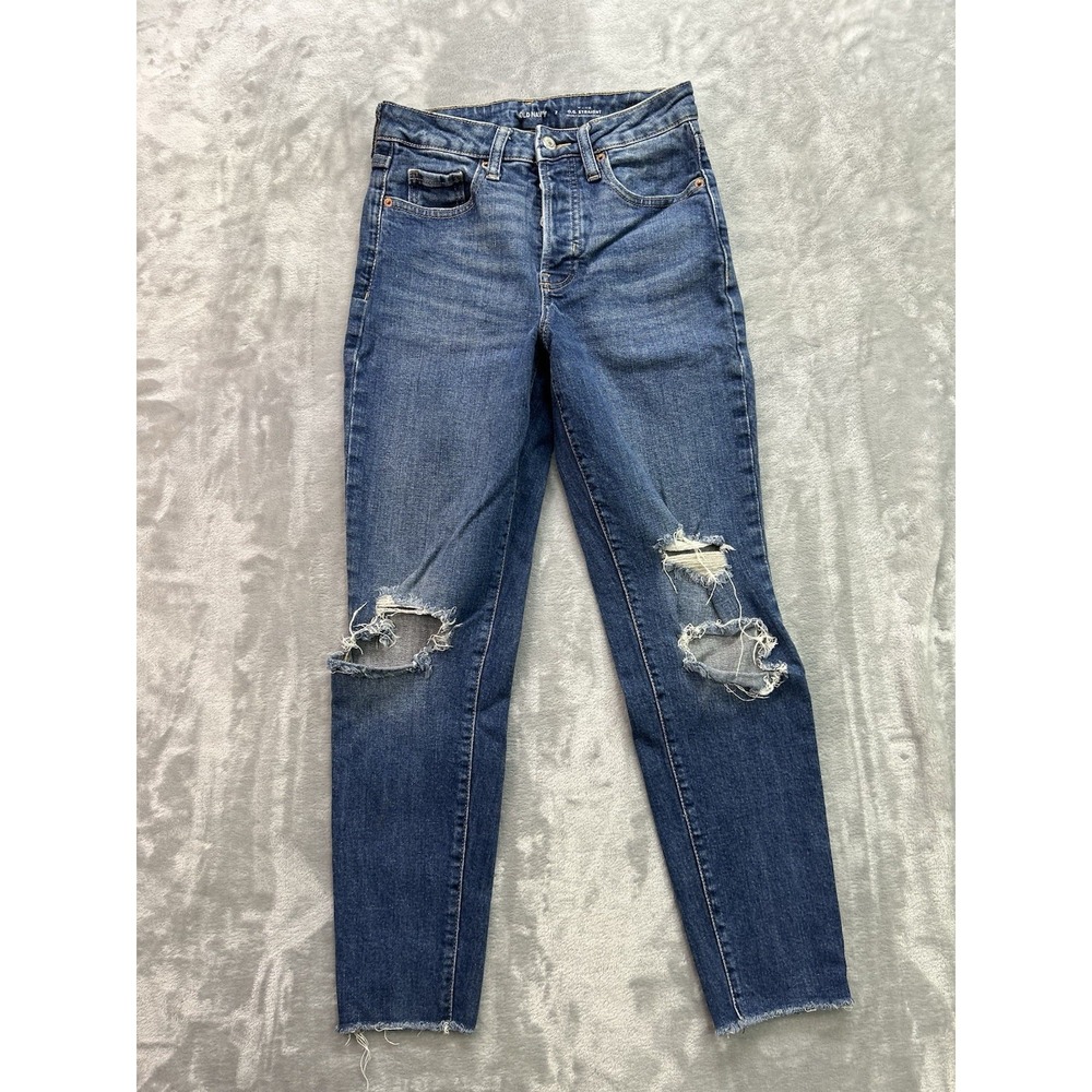 Old Navy Womens Sz 2 Blue Jean O.G. Straight High Rise Whiskered Distressed Crop